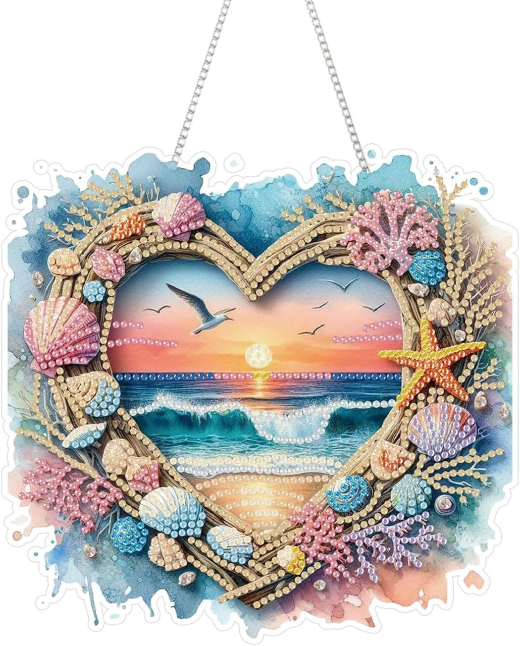 DIY Beach Diamond Art Hanging Kit for Adult,Special Shaped Rhinestone,Acrylic Diamond Art Painting Window Pendants Home Garden Wall Hanging Kits Hanging Ornament
